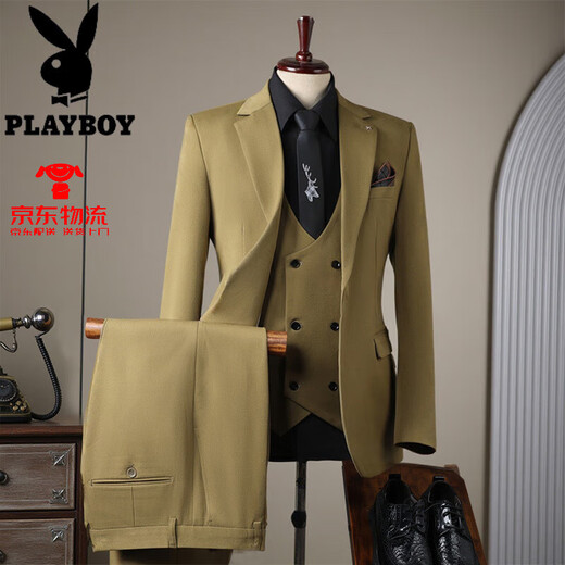 Playboy 2025 summer suit men British slim business formal wear color professional work clothes groom wedding suit dark green three-piece set M 48