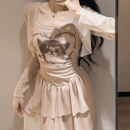 Lekali swimsuit for women, conservative one-piece hot spring swimsuit for women, covering flesh, belly, slimming, beach swimming equipment 2025 kitten suspender swimsuit + cover-up jacket 80-120Jin Jin is equal to 0.5 kg