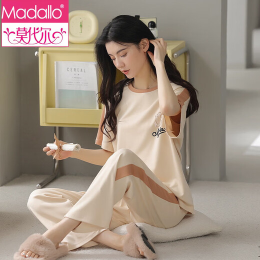 Modaler Rundhals-Pullover-Baumwoll-Pyjama für Damen, Frühling und Sommer, kurzärmeliger Hosenanzug, lässig, locker und faul, kann süß draußen getragen werden 9716 M