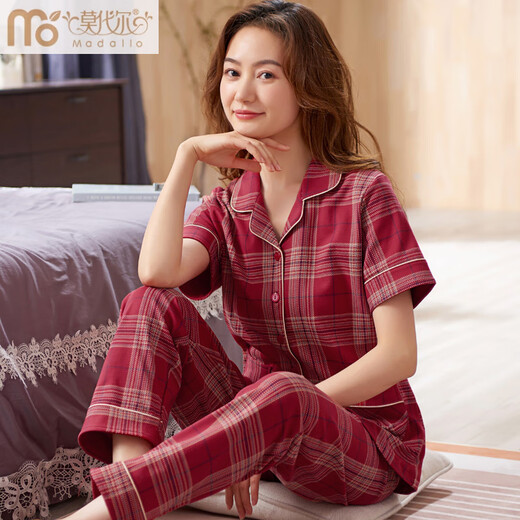 Modal 2025 New Pyjamas Frauen Sommer reines Baumwoll kurzärmelige Hose Sommerplaid dünner Baumwoll-Kleidungsstück Set 9923 3xl geeignet für 150-170jin [Jin entspricht 0,5 kg]
