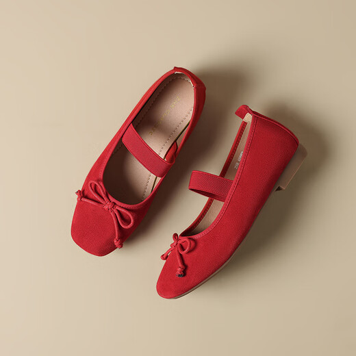 ZHR Single Shoes Frauen Sommertemperament Bow weiche flache Mary Jane Lederschuhe Frauen flacher Mund Ballet Frauenschuhe AH683 rot 39