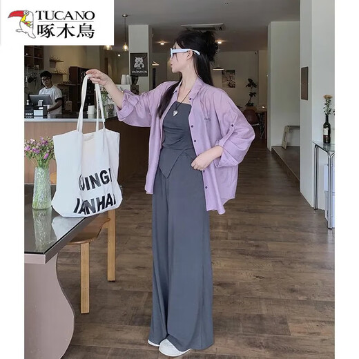Pájaro carpintero (tucano) Nuevo tamaño de verano de moda y temperamento versátil Protección solar de la camisa suelta que abraza la cintura y los pantalones rectos de las patas anchas y el conjunto de tres piezas L recomendado 100-120 Jin [Jin equivale a 0.5 kg]