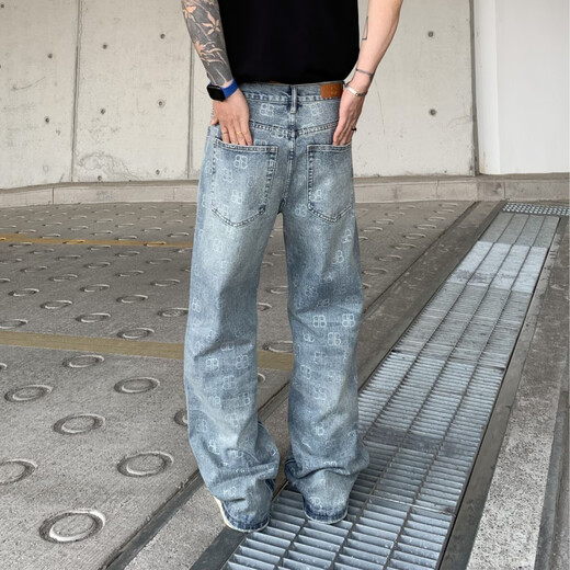 依零依蓓新款夏季潮牌男士阔腿牛仔裤水洗大码长裤 黑色1396-1 S