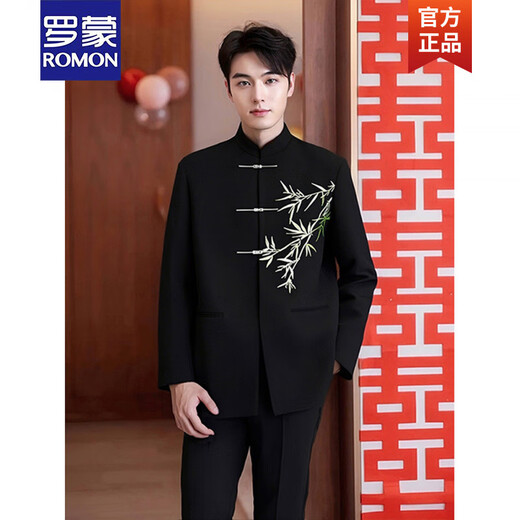 ROMON New Chinese style national style engagement clothes men's suit suit groomsmen tunic embroidered shoulder pad suit jacket two-piece set gold bamboo embroidered suit + black trousers L (115130Jin Jin equals 0.5kg)
