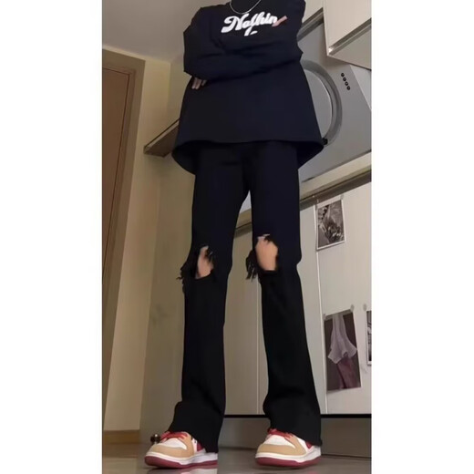 迪伽达美式复古vibe裤子高街潮牌纯色破洞牛仔裤男款夏季百搭修身微喇裤 DFFS-723黑色 XL