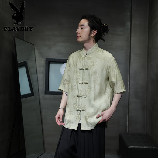 Playboy (Playboy) Summer delgado Camisa de manga corta Nuevo estilo chino Estilo antiguo Botón Tang Suit Men's Chinese Bamboo Leaf Top Zhongshan Suit CS9898 White M