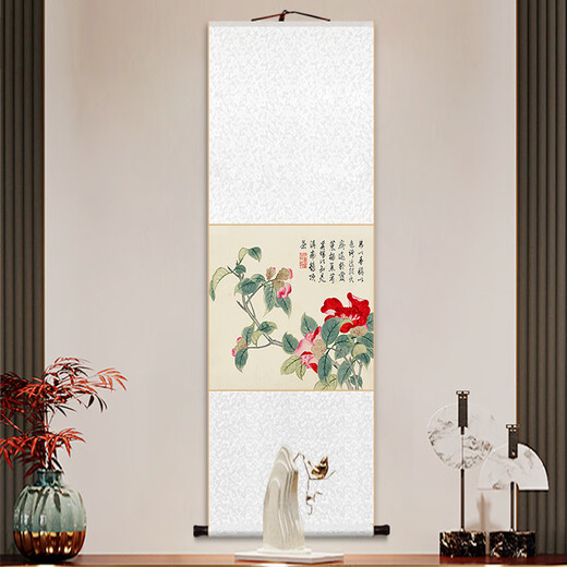 承琉董诰春景花卉册卷轴挂画新中式牡丹茶花装饰画客厅书房茶室玄关画 11980款：蝴蝶兰 整体尺寸：53*138cm蓝闪金锦绫+新款