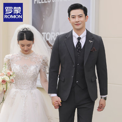 ROMON suit men's three-piece Korean style slim-fit small suit business casual professional formal dress groom wedding dress dark gray top + pants XL 52 120-135 Jin Jin equals 0.5 kg to wear