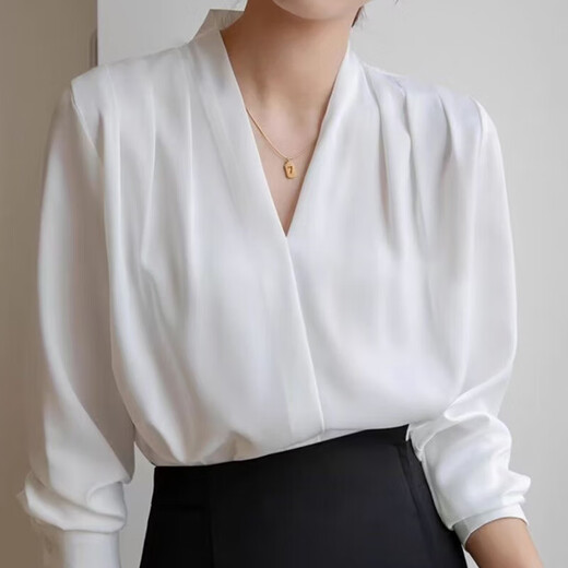 2025女装白色V领缎面衬衫职场通勤内搭西装高级上衣职业装白衬衣 675白色【V领】 M 推荐【95-110斤】