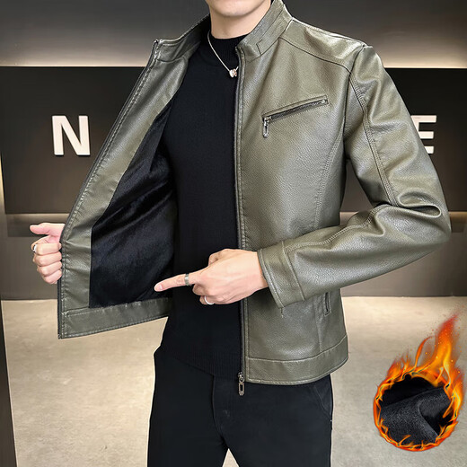 男士高档立领皮衣秋冬季新款时尚痞帅夹克加绒加厚休闲百搭皮夹克 军绿色 【加厚】 L