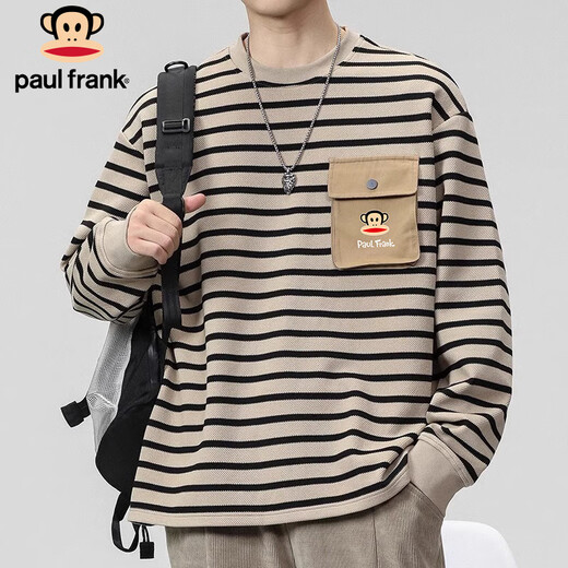 Paul Frank sweatshirt men's spring and autumn jacket men's striped long-sleeved T-shirt men's bottoming shirt top trendy brand khaki 3XL