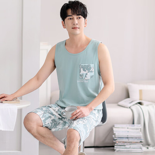 
Modal pajamas men's summer modal vest shorts home clothes summer thin sleeveless men's men can wear out suit M1047 gray blue M [Suggested 100-120 Jin [Jin equals 0.5 kg]]
