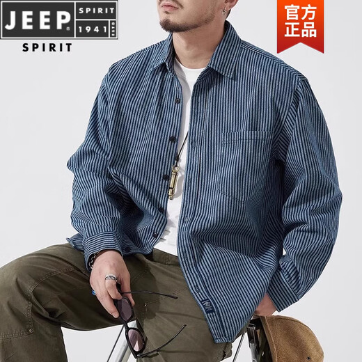 
JEEP SPIRIT Stylish Striped Shirt Jacket Men's Long Sleeve Spring Casual Denim Shirt Men's Spring and Autumn Style 759 Blue XL Recommended [121-140Jin[Jin equals 0.5 kg]]