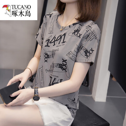 Woodpecker slightly fat 2025 summer new large-size cotton short-sleeved T-shirt for women Korean style slim and versatile casual fat mm covering the belly 9901 gray M about 80-95