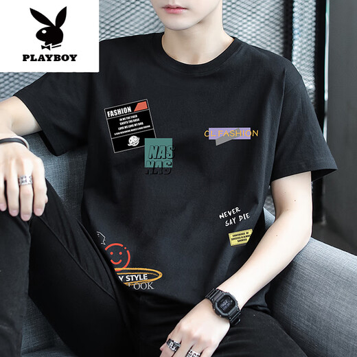花花公子（PLAYBOY）棉短袖t恤男夏季青少年初中学生体恤男生休闲印花半袖上衣新品 9902白色 S (约80-95斤可穿)