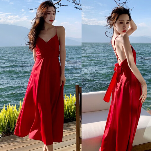 VZVY Summer Sanya Bali Beach Resort Beach Dress Thailand Retro Big Posing Burgundy Super Fairy Sling Dress Burgundy 9761# XL