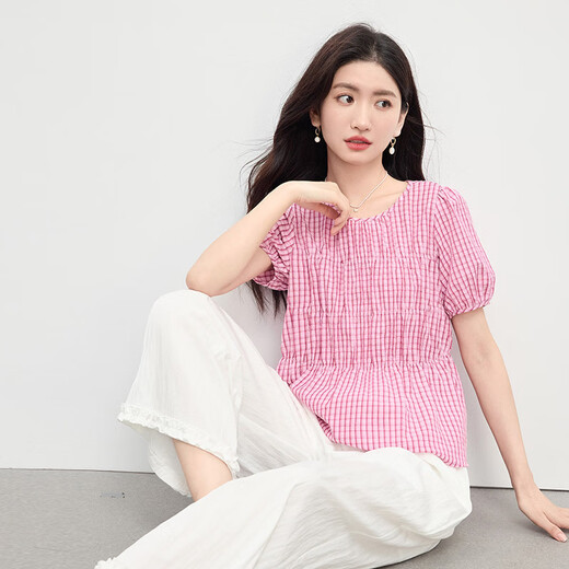 Xishi sllsky's huge and beautiful summer suit casual bubble wrinkle checked shirt white wide-leg pants two-piece set cherry blossom pink XL