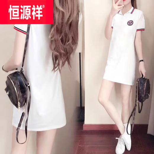 恒源祥新品冰丝夏装翻领t恤女短袖运动休闲小个子polo衫中长款女连衣裙 AL829黑色 L 103-113斤