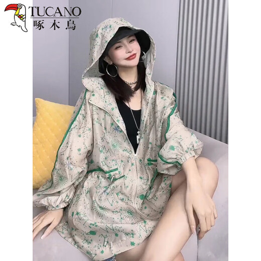 
Woodpecker summer sun protection clothes female star sky blue printed hooded zipper cardigan European loose drawstring long sleeve breathable short jacket Jasmine red thin thin M