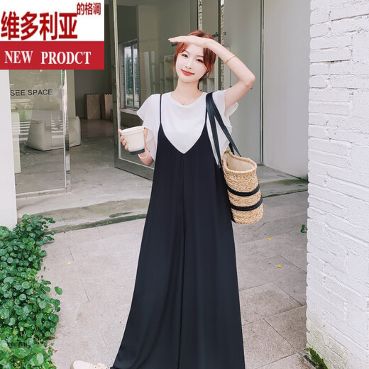 维多利亚的格调黑色通勤风吊带连衣裤套装女2025夏季新款气质时尚T恤长裤两件套 两件套 S