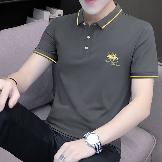 JEEP SPIRIT high-end trendy brand bead floor cotton embroidered Polo shirt men's slim short-sleeved T-shirt summer lapel top breathable half-sleeved S5012 model blue L suitable for 115-130Jin [Jin equals 0.5 kg]