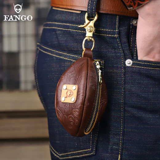 Känguru (Känguru) handgefertigtes Retro Leder -Schlüsselbeutel Herrenkopfschicht Cowhide Wechseln Schlüsseltaschen Taille Hanging Rugby Key Bag Trendy Geschnitztes elegantes Schwarz