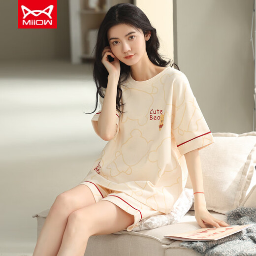 
Catman (MiiOW) pure cotton pajamas for women in summer shorts shorts thin cute student cotton summer casual home clothing set Champagne color A9856 shorts M (80-100Jin [Jin equals 0.5 kg])