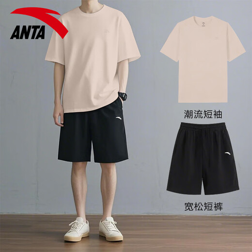 安踏休闲运动套装男夏季新款纯棉短袖T恤短裤宽松运动服青少年两件套 【套装】-1纯净白 L/175