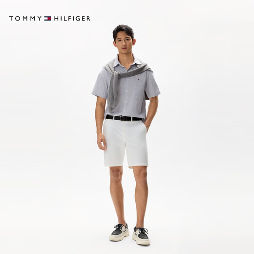 TOMMY HILFIGER【轻薄感】25新款夏季男牛津纺休闲条纹亚洲版短袖衬衫39191 灰白条纹0A4 XL （推荐：165-180斤）