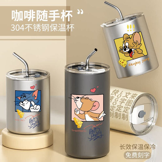 Créative Cat Coffee Thermos environnant Ins Internet Celebrity Water Cup Couples Cartoon mignon paille tendance 300 ml-bee Casual Cup BW5009 Cat and Mouse