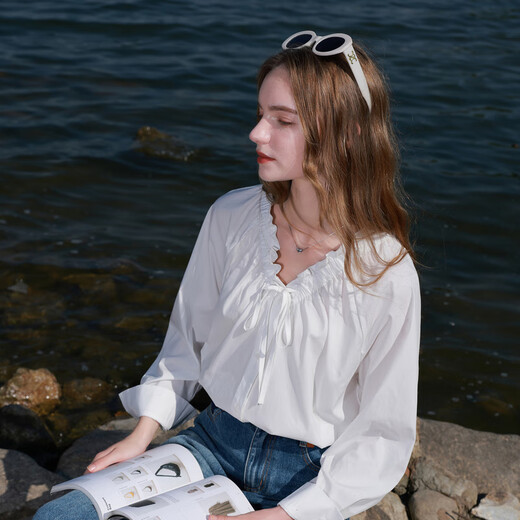 Three Color 2025 Autumn New V-neck Shirt Wood Ear-Large Loose Shirt Simple M Milk White S 155/80A