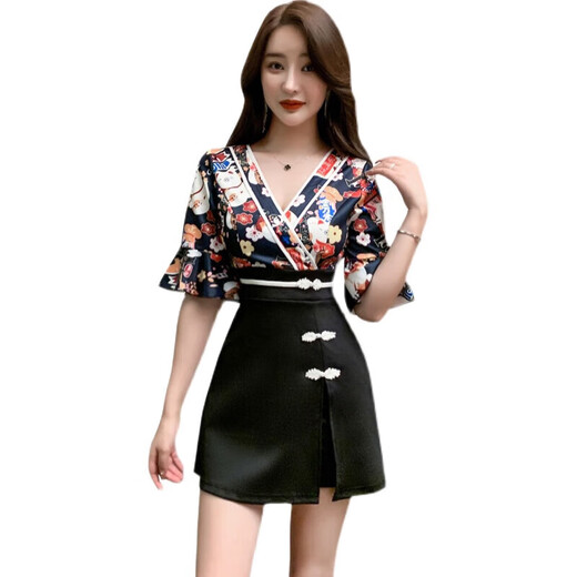 
A 21 FUNB new age-reducing foot massage shop female technician work clothes fashionable printed dress to make you look slim and elegant foot massage set 1391 black S