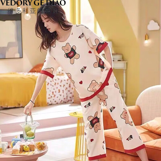 
Victoria's style pure cotton pajamas for women in summer short-sleeved cropped pants suit loose spring and summer can wear home clothes outside. Short-sleeved cropped pants 679 L Recommended 98-115Jin [Jin equals 0.5 kg]