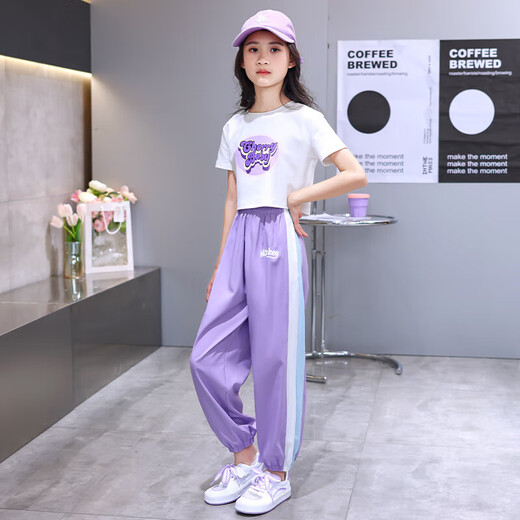 小憨鹿女童夏季新款运动套装潮流短袖宽松薄款夏装 5729紫色+9889白色 160 cm