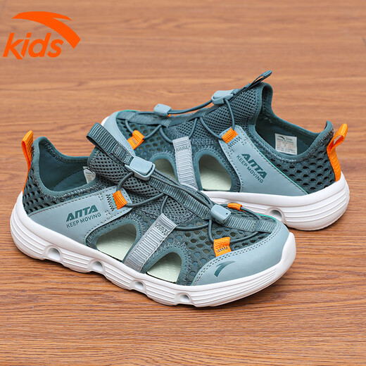 Anta-Kinder Sandalen Jungenjungen Atmungsmaschinenjungen Baby Bump-Proof- und Kick-Loch-Schuhe Jungen Strandschuhe verfolgen die Streamschuhe Salbei Grün/Fisch Grün 36
