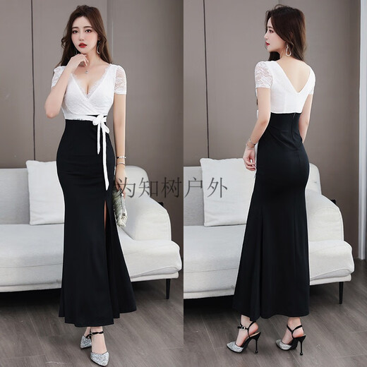 为知树夜场KTV佳丽公主服性感低胸连衣裙晚礼服桑拿洗浴SPA技师工作服 增3883黑色+ S 建议80-95斤