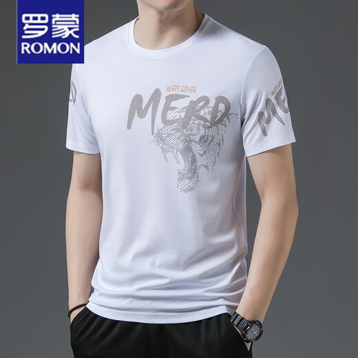 Romon Summer New Ice Seide Kurzärärmelte T-Shirt für junge und mittlere Männer runden Halsabdruck trendy dünner Top Casual halbärmelige Hemd Weiß 733 M 165 [Empfohlen 100-120 Jin [Jin ist gleich 0,5 kg]]