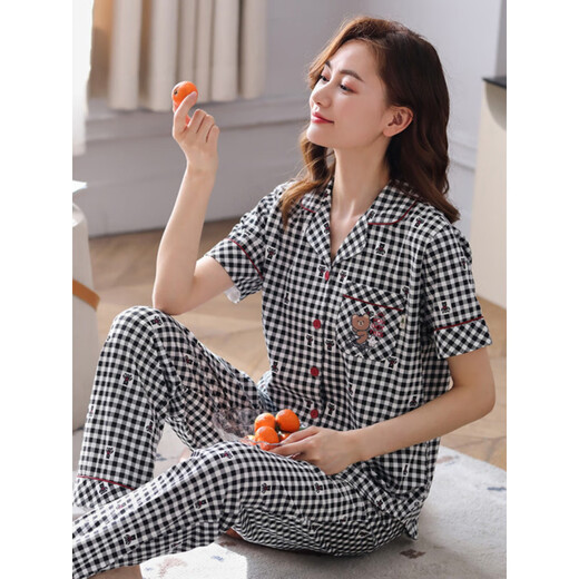 Victoria's style pajamas summer women's cotton short-sleeved trousers spring and autumn red plaid middle-aged mother's large-size home clothing FTX-9923 M - Recommended 80-95Jin [Jin equals 0.5 kg]