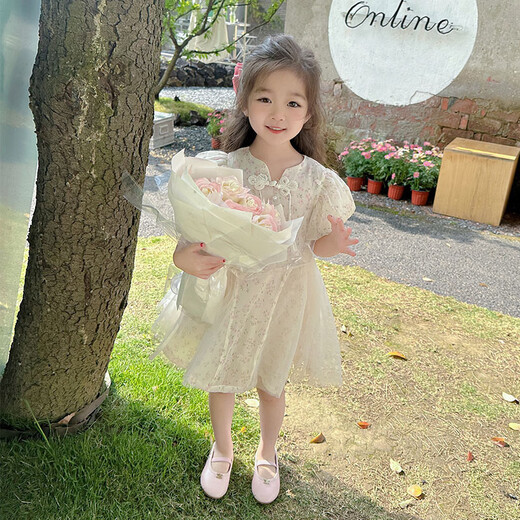 纷资言女童连衣裙2025新款宝宝旗袍夏季公主裙中式国风礼服夏装裙子 ZX6629米杏色 90
