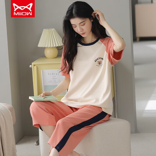 
Cat Man (MiiOW) pure cotton pajamas for women in summer short-sleeved cropped pants sports style loose and casual can be worn outside spring home clothing suit T-9854 (short suit) M (80-100Jin [Jin equals 0.5 kg])