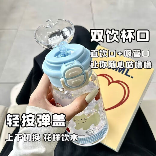 Internet celebrity ins style portable plastic water cup cartoon large capacity straw cup double drinking student male and female red apple cat 500ml