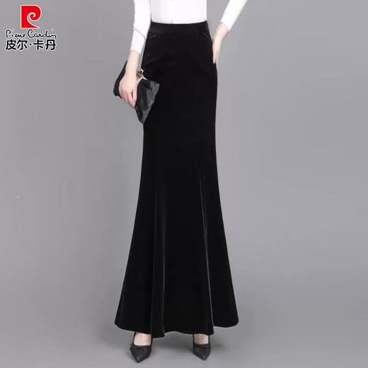 Pierre Cardigan long gold velvet skirt fishtail skirt spring draping effect slimming tall women hip-covering long skirt showing temperament black 2XL 140-155