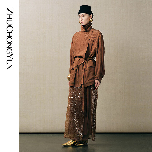 ZHUCHONGYUN【轻语秋实】2025秋新款立领廓形感系带风衣外套 浅咖 S