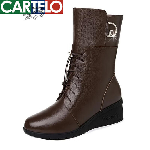 CARTELO crocodile (CARTELO) wedge boots women's mid-calf boots soft leather women's shoes fashion short boots 2025 Martin boots autumn and winter mother's cotton boots brown plus velvet 38