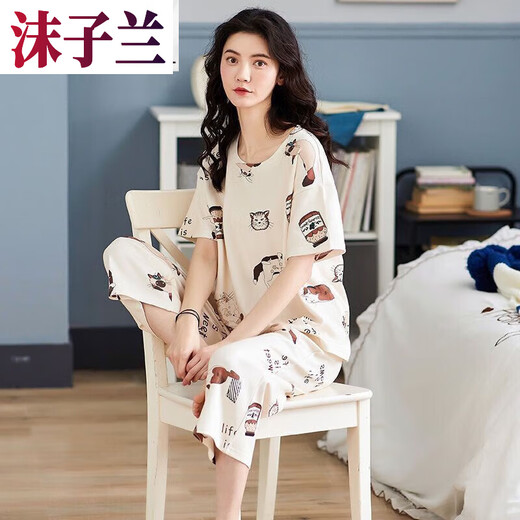 Mo Zilan New Pajamas for Women in Summer Short Sleeve Cropped Pants Loose Korean Style Thin Cute Fresh Home Clothing Women Two-Piece Set 7029# 2XL 135-155Jin [Jin equals 0.5 kg]