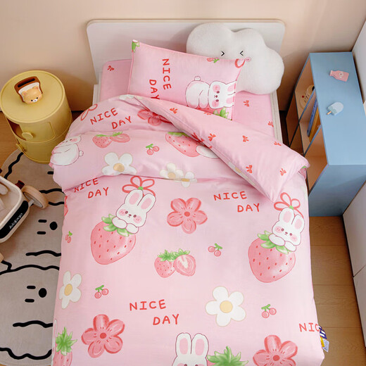Pure cotton three-piece kindergarten quilt set, baby entry quilt cover, six-piece baby and child nap set, pure cotton, strawberry rabbit, pure cotton, breathable, soft and comfortable, single quilt cover 120*150cm