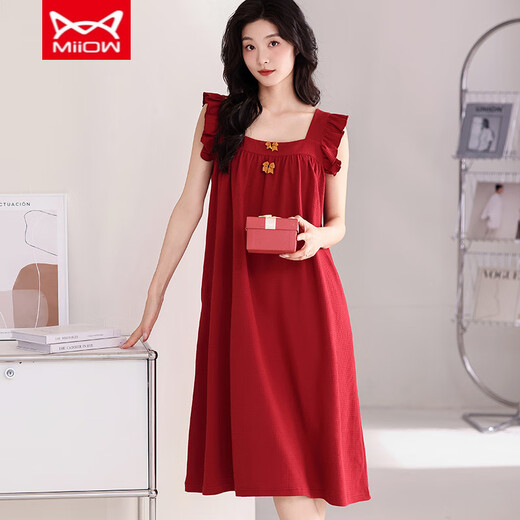 
Cat Man MIIOW nightgown Women's summer pure cotton thin sleeveless suspender pajamas suit wedding festive natal D9906 M