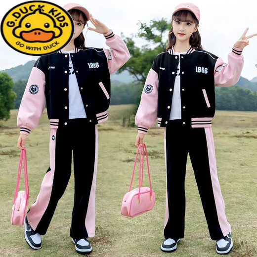G.DuckKids Girls Baseball Costume printemps 2025 Nouveau style collégial Style Mid-Garning Children's Fashionable Spring and Automne Sportswear Two-Piece Set BQ1396 Black Two-Piece Set 150 taille recommandée environ 140