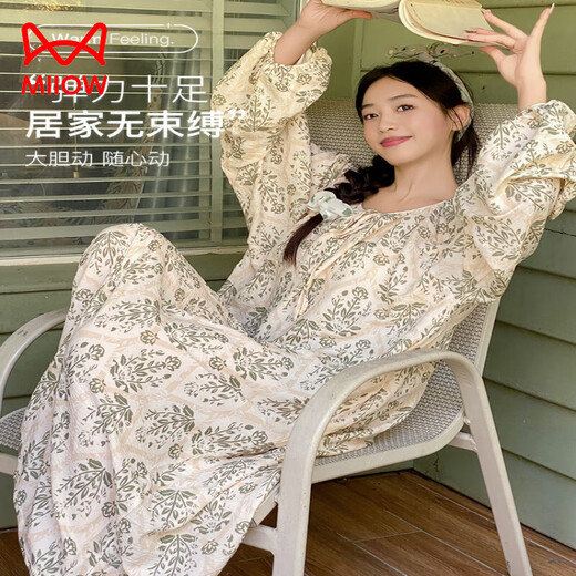 Catman Miiow Nachthemd Frauen langärmelte Frühlings- und Herbststil mit Brustpolstern integrierte Prinzessinstil süßer loser Pyjamas Baumwolle Langer Rock weich 13068 [mit Brustpolstern ohne BH] M [80-100jin [Jin gleich 0,5 kg]]