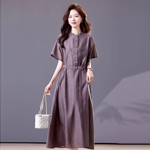 Ehangy轻奢品牌连衣裙女2025夏季新款宽松大码洋气减龄收腰显瘦大摆裙子 灰色 M 约适合体重120斤内